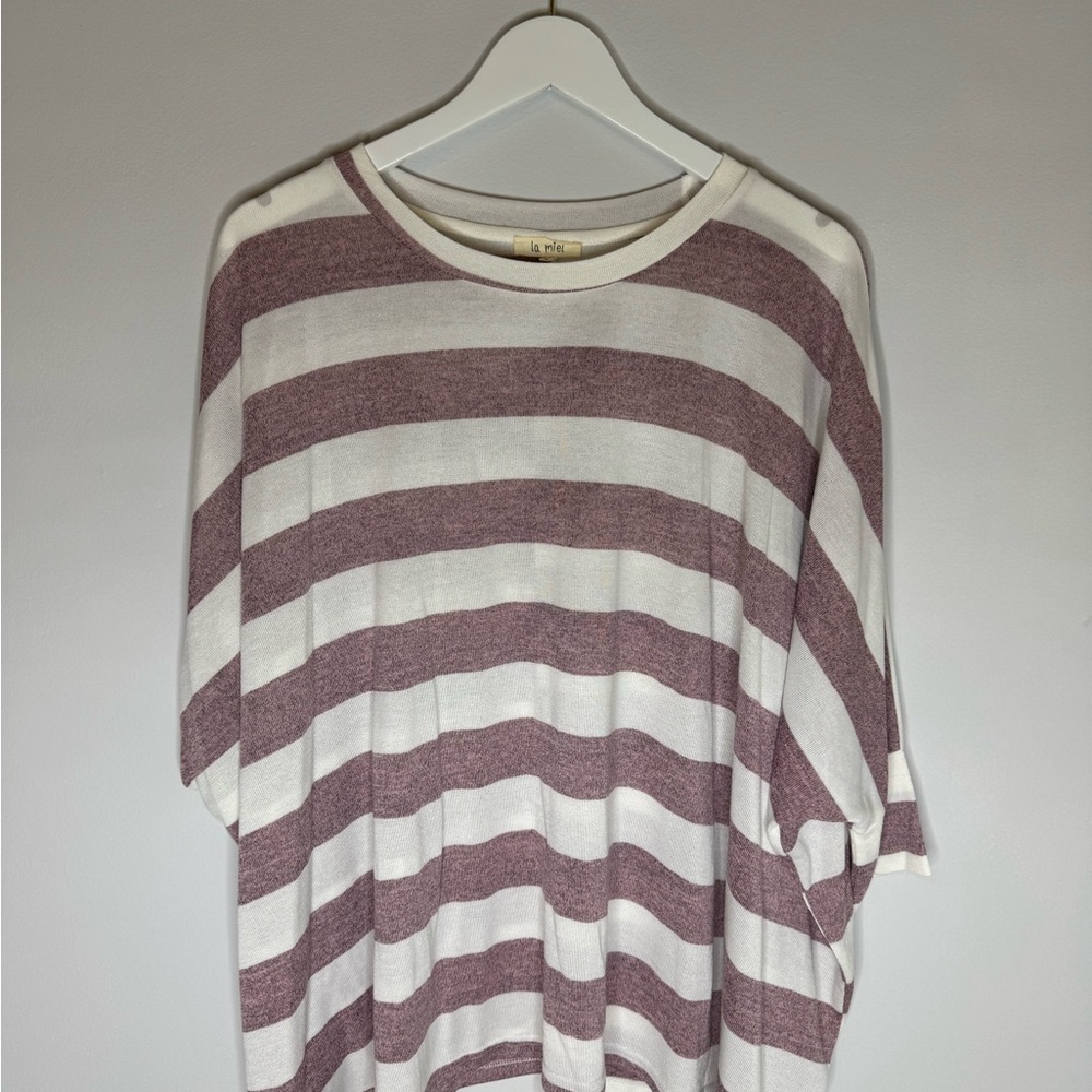 LA MIEL Cream and Maroon Striped Tunic | Size Large